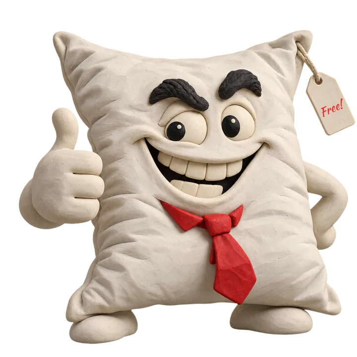 A clay pillow salesman in a red tie, grinning and giving a thumbs-up, with a Free! price tag